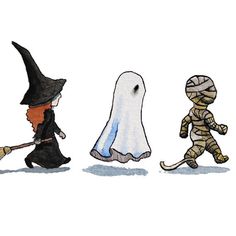 three cartoon characters dressed in halloween costumes, one with a broom and the other as a ghost