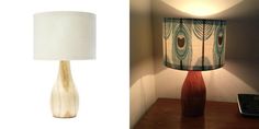 a lamp that is next to a table with a phone on it and an image of a lamp