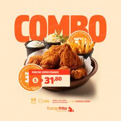 an advertisement for a fried chicken restaurant with french fries and coleslaw on the side