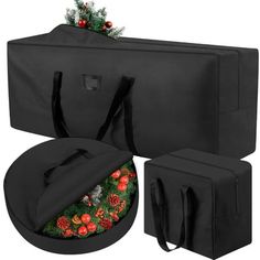 the black bag has christmas decorations on it and is ready to be used as a decoration