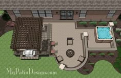 an aerial view of a house with a pool and hot tub in the middle of it