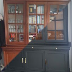 a bookcase with glass doors and shelves next to a wall mounted bookshelf