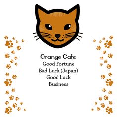 an orange cat's face with paw prints around it and the words, orange cats good fortune bad luck japan good luck business