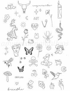 an ink drawing of various tattoos and symbols