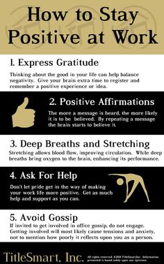 the five steps to stay positive at work info sheet with text on top and bottom