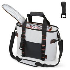 the cooler bag has two compartments and is filled with sodas, water, and ice