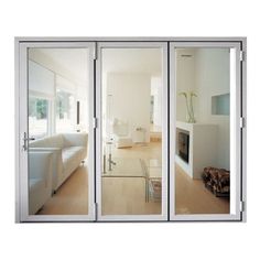 an open sliding glass door with white walls and wood flooring in front of a living room