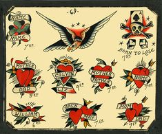 an old school tattoo flash sheet with hearts, skulls and other tattoos on it's sides