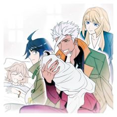 an anime scene with two men and one woman