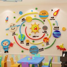 the children's room is decorated with colorful wall decals and space themed furniture