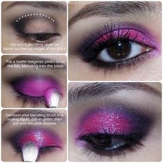 Pink Black Eyeshadow Looks, 2000s Pink Eyeshadow, Pink Mcbling Makeup, Pink Emo Makeup Looks, 2000s Eyeshadow Looks, Fuschia Eyeshadow Looks, Hot Pink Goth Makeup, Pink Smokey Eye Tutorial, Pink Scene Makeup