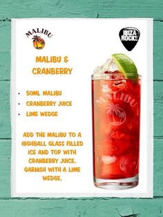 a menu for a tropical drink with lime and cranberry