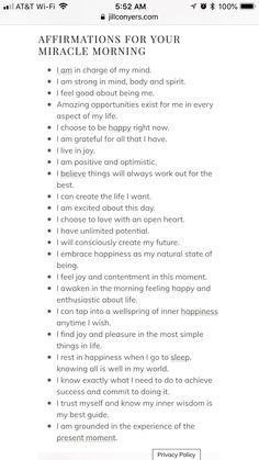 an iphone screen with the words affirmations for your miracle morning on it