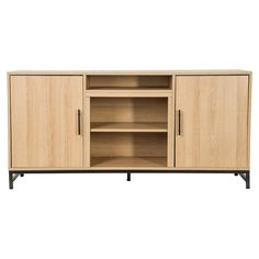 the sideboard is made from wood and has two doors on each side, one door open