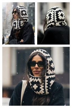 the woman is wearing a black and white knitted hat