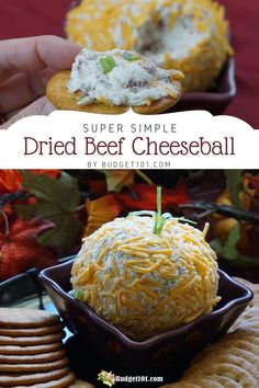 a cheese ball is in a bowl with crackers around it and the words super simple dried beef cheeseball on top