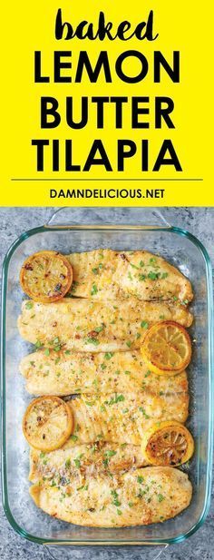 baked lemon butter tilapia in a glass baking dish with the title above it