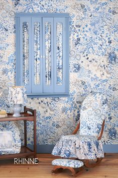 Vintage-adapted blue floral wallpaper & upholstered ruffle rocking chair by RHINNE Textile House, Lost In Nature, Wallpaper In Blue, Blue Floral Wallpaper, Blue Palette, Fabric Floral, Vintage Fabric, Rocking Chair, Floral Wallpaper