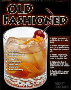 an old fashioned cocktail with oranges and cherries