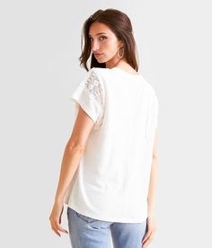 Women's Pieced Crochet Top In White By Daytrip., Women's White Raw edge ribbed knit lace-up top Bust measures 40 on size small Body length 24 on size small. Self: 57% Cotton 40% Polyester 3% Spandex. Contrast: 100% Cotton. Machine wash cold with like colors. Do not bleach. Lay flat to dry. Low iron if needed. Apparel & Accessories > Clothing > Shirts & Tops Casual Pointelle Knit T-shirt For Spring, Casual Cotton T-shirt With Lace Trim, Spring Knit Top With Crochet Trim Crew Neck, Casual T-shirt With Lace Trim For Spring, Spring Crochet Trim Crew Neck Knit Top, Spring Crochet Trim Knit Top With Crew Neck, Spring Lace Trim Crew Neck Top, Summer Cotton Lace Top With Lace Sleeves, Summer Cotton Pointelle Knit T-shirt