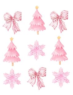 pink christmas trees with bows and stars on them, set of six pieces in different sizes