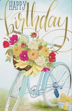 a happy birthday card featuring a bicycle with flowers in the basket and a gift box