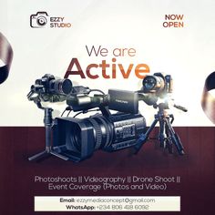 a camera and video equipment are displayed on a poster for an upcoming event, with the words we are active above it