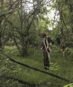 a person standing in the middle of a forest with trees and grass on both sides