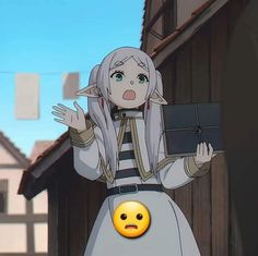 an anime character is holding a box in front of her face and looking at the camera