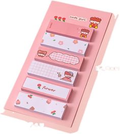 a set of five pink sticky notes with cartoon characters on them