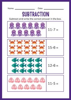 the subtraction worksheet for numbers 1 - 10 with pictures of fish and crabs