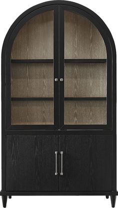 a black bookcase with two glass doors and an arched door on the front side