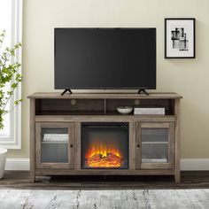 a television stand with a fireplace in the center and a potted plant next to it