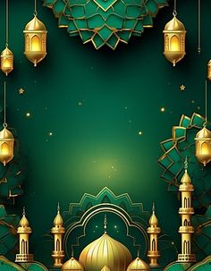 a green and gold islamic background with hanging lanterns