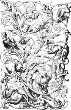 an ornate design with animals and flowers