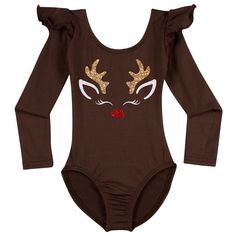 A Brown Long Ruffle Sleeve Leotard with Reindeer Design Brown Leotard, Toddler Leotards, Dance Skirts, Holiday Costumes, Dance Skirt, Halloween Costumes For Kids, Handmade Design, Low Back, Flutter Sleeve