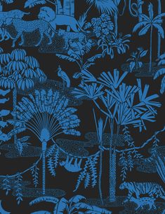 a blue and black wallpaper with animals, plants, and other things on it