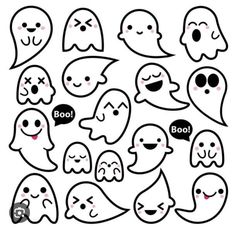 ghost faces with different expressions on them, including the words boo and one is smiling