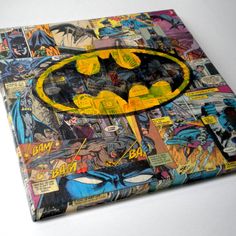 the batman comic book is covered in many different colors and patterns, including black and yellow