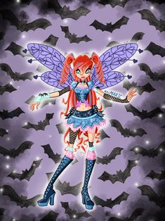 a woman dressed as a fairy with bats in the background