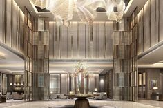 an elegant lobby with chandelier and marble flooring is pictured in this artist's rendering