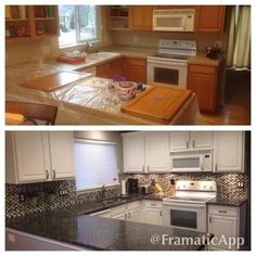 before and after pictures of a kitchen remodel with granite counter tops, white cabinets, stainless steel appliances