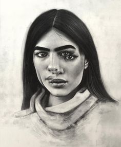 a black and white drawing of a woman with long dark hair, wearing a scarf