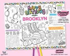 an adult coloring book with the words happy birthday brooklyn and roller skates on it