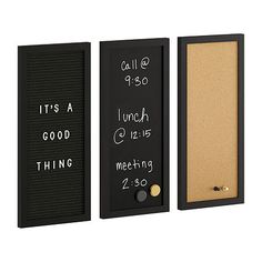 three framed chalkboards with writing on them and magnets attached to the back of each board