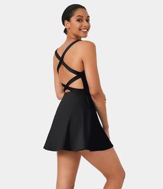 Crisscross Backless Plain 2-Piece Barre Ballet Dance Flared Dress-Venus Barre Ballet, Workout Dress, Tennis Training, Active Dress, Ballet Barre, Golf Dresses, Venus Dresses, Flared Dress, Travel Work