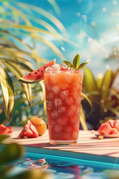 a tall glass filled with watermelon and ice