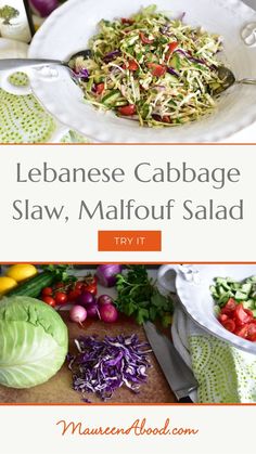 cabbage, cabbage slaw, and other vegetables on a cutting board with the title japanese cabbage slaw, maloff salad