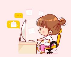 Business Pictures Image, Girl With Cat Cartoon, Working Cartoon, Computer Cartoon, Cute Computer, Computer Illustration, New Year Cartoon