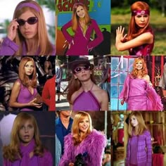 many different pictures of women in purple outfits